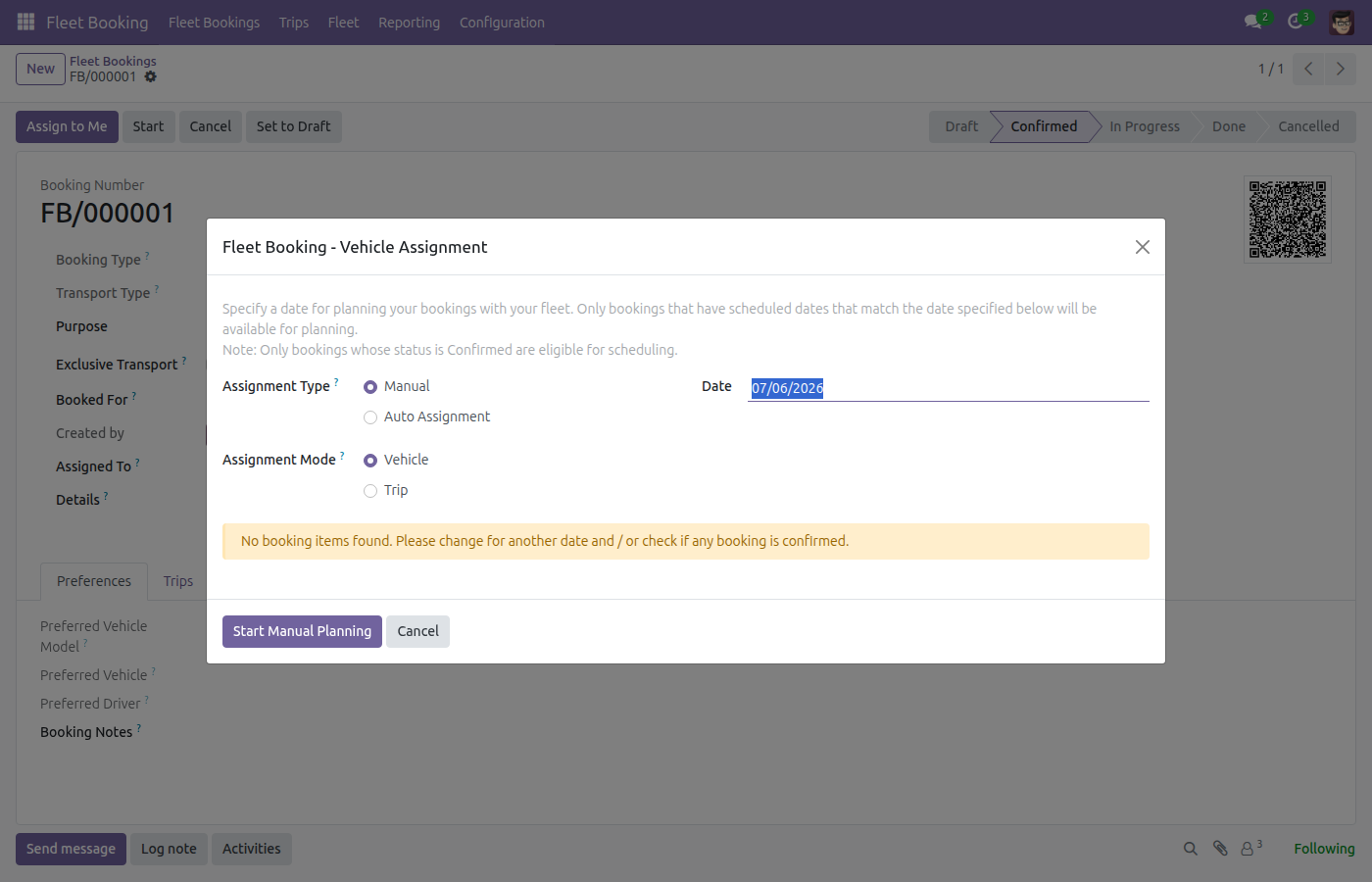 Wizard Fleet Booking - Vehicle Assignment, mặc định chọn Manual và Vehicle