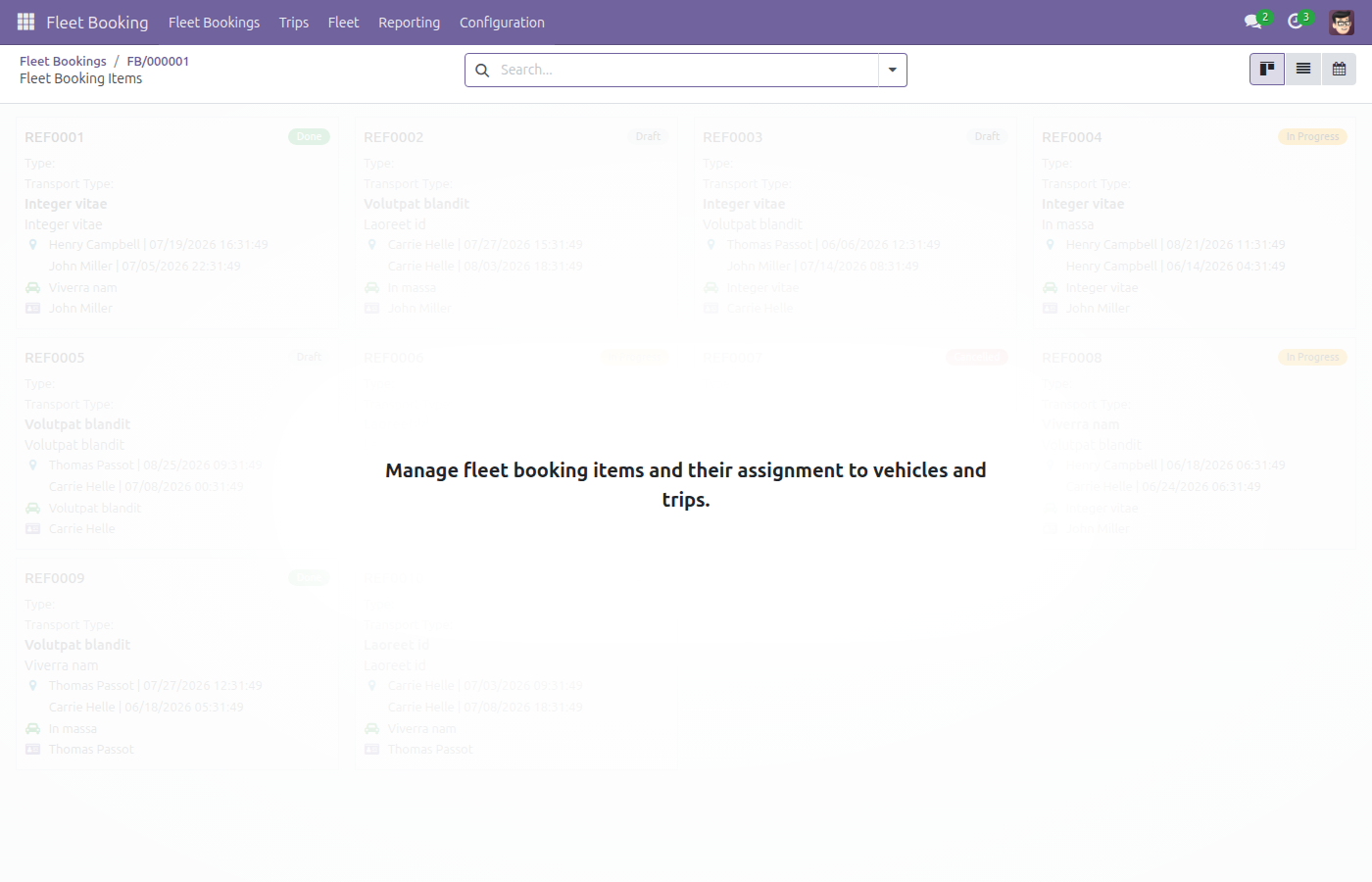 Bảng kanban Booking Items nhóm theo phương tiện