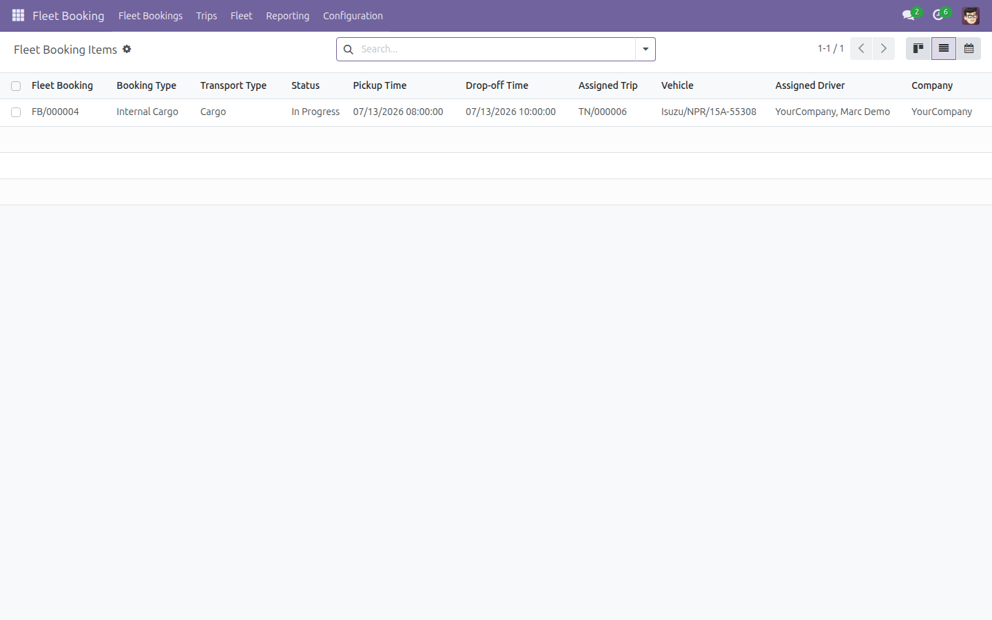 Danh sách Booking Items hiển thị Assigned Trip và Vehicle