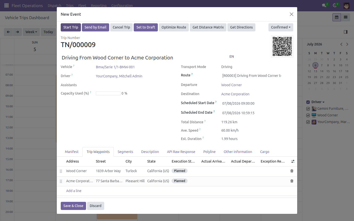 Confirmed trip with Departure, Destination, Total Distance, Ave. Speed and Est. Duration filled in