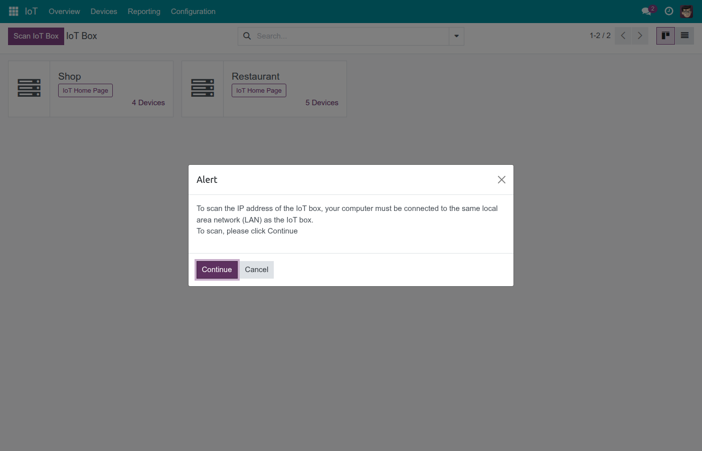 Scan IoT Box confirmation dialog
