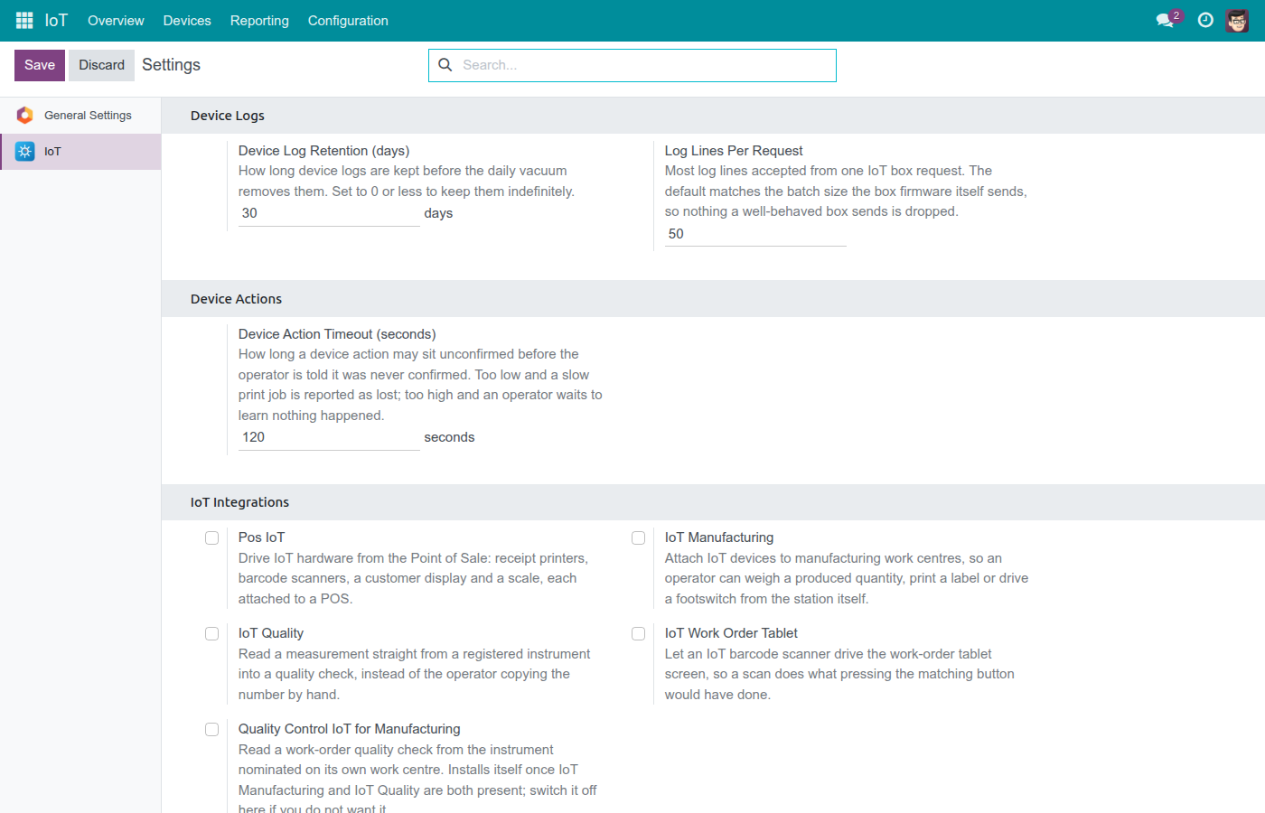 IoT Settings page showing Device Logs, Device Actions and IoT Integrations blocks