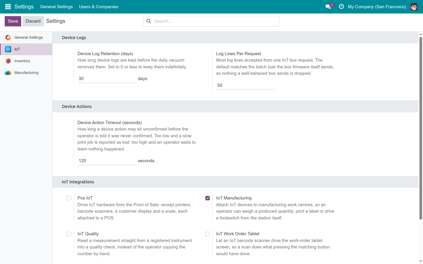 The IoT Manufacturing toggle under Settings, IoT tab, IoT Integrations.