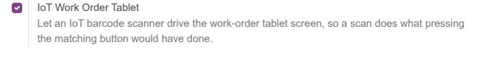 The IoT Work Order Tablet toggle under Settings, IoT tab, IoT Integrations.