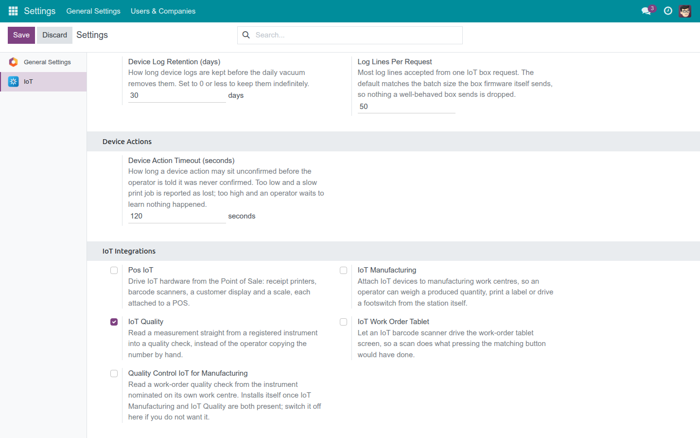 The IoT Quality toggle under Settings, IoT, IoT Integrations.