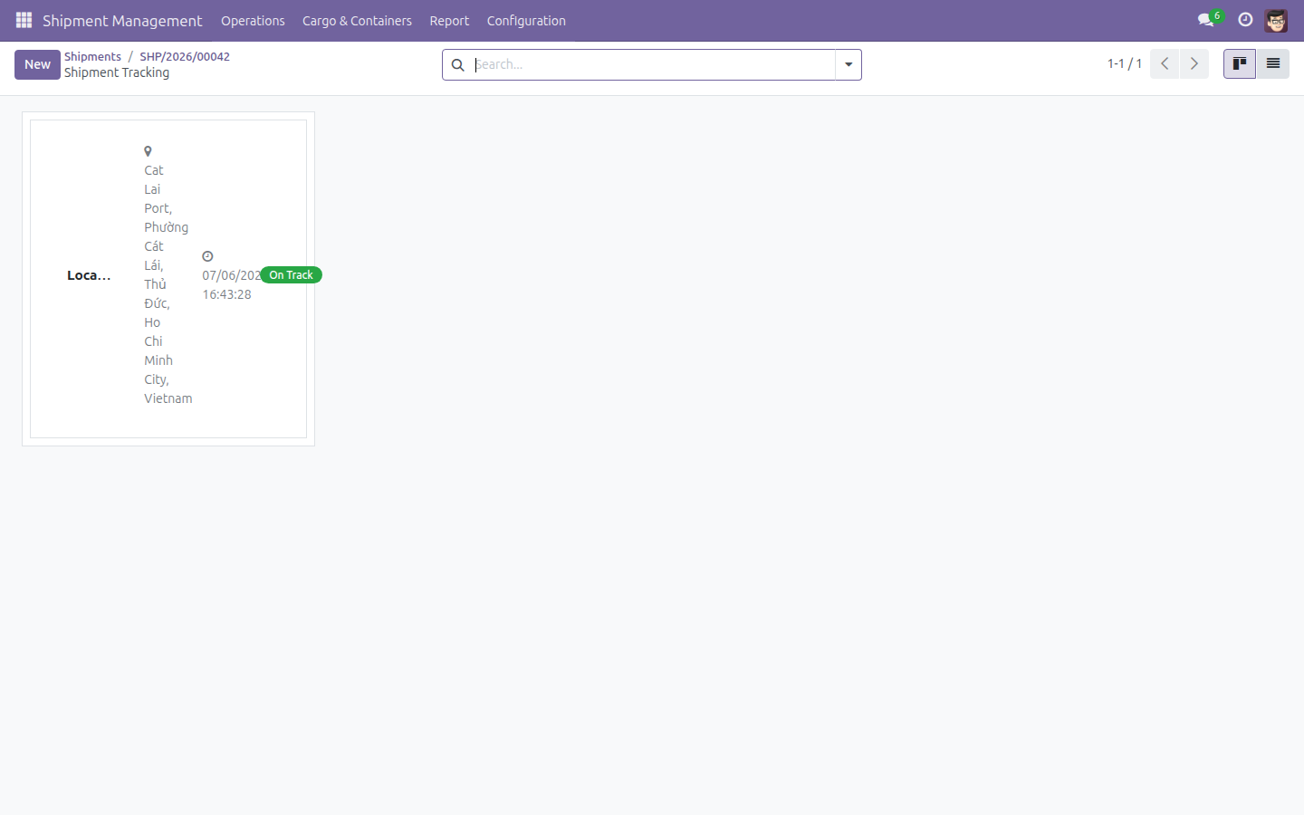 Kanban Shipment Tracking hiển thị một sự kiện mới với huy hiệu On Track màu xanh lá