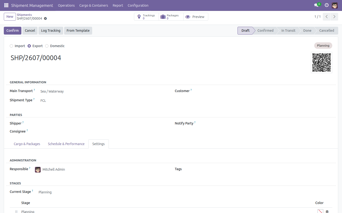 Tab Settings của shipment mới hiển thị Stage Timeline được sao chép từ mẫu