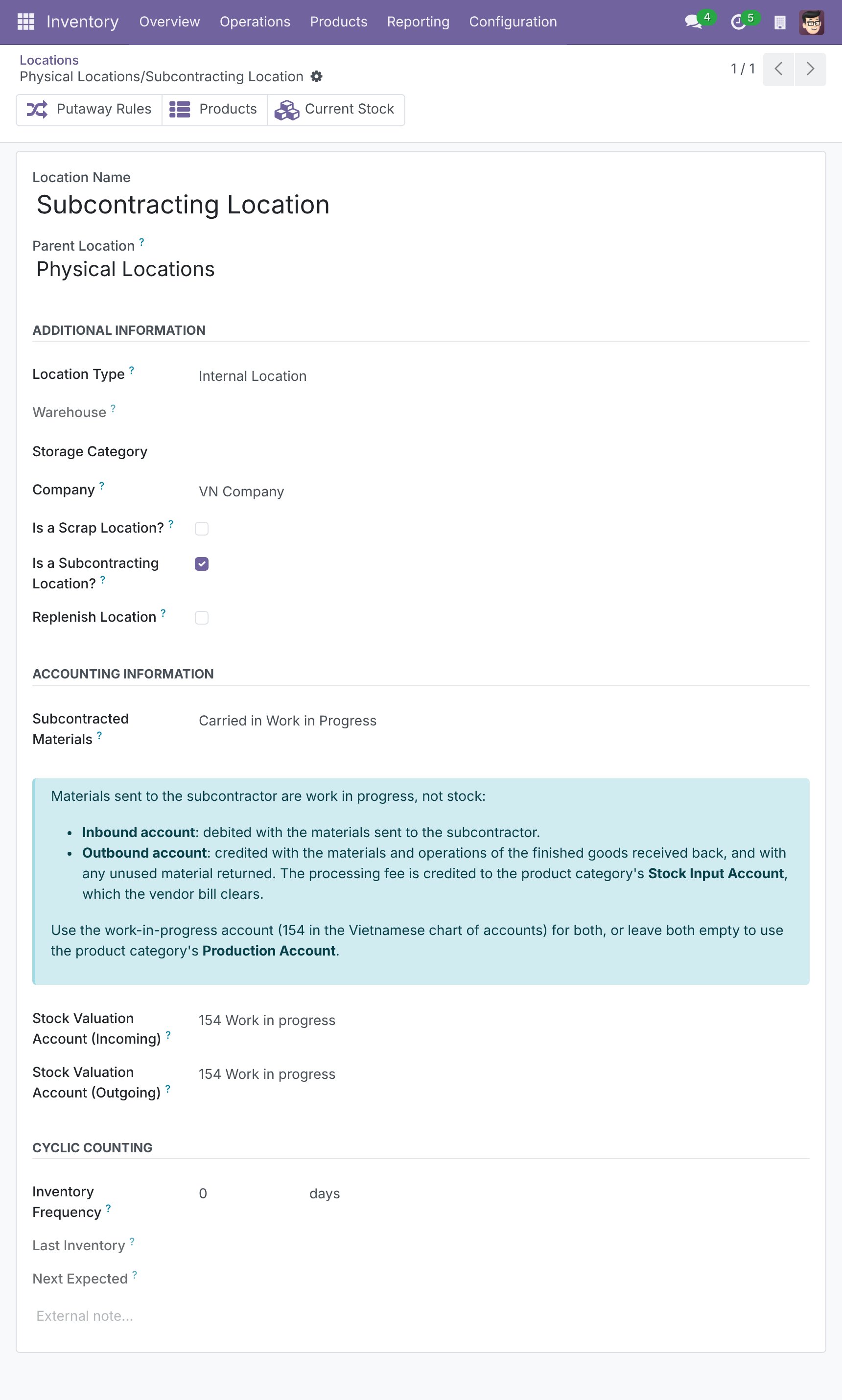 Subcontracting location form with Subcontracted Materials set to Carried in Work in Progress and accounts 154