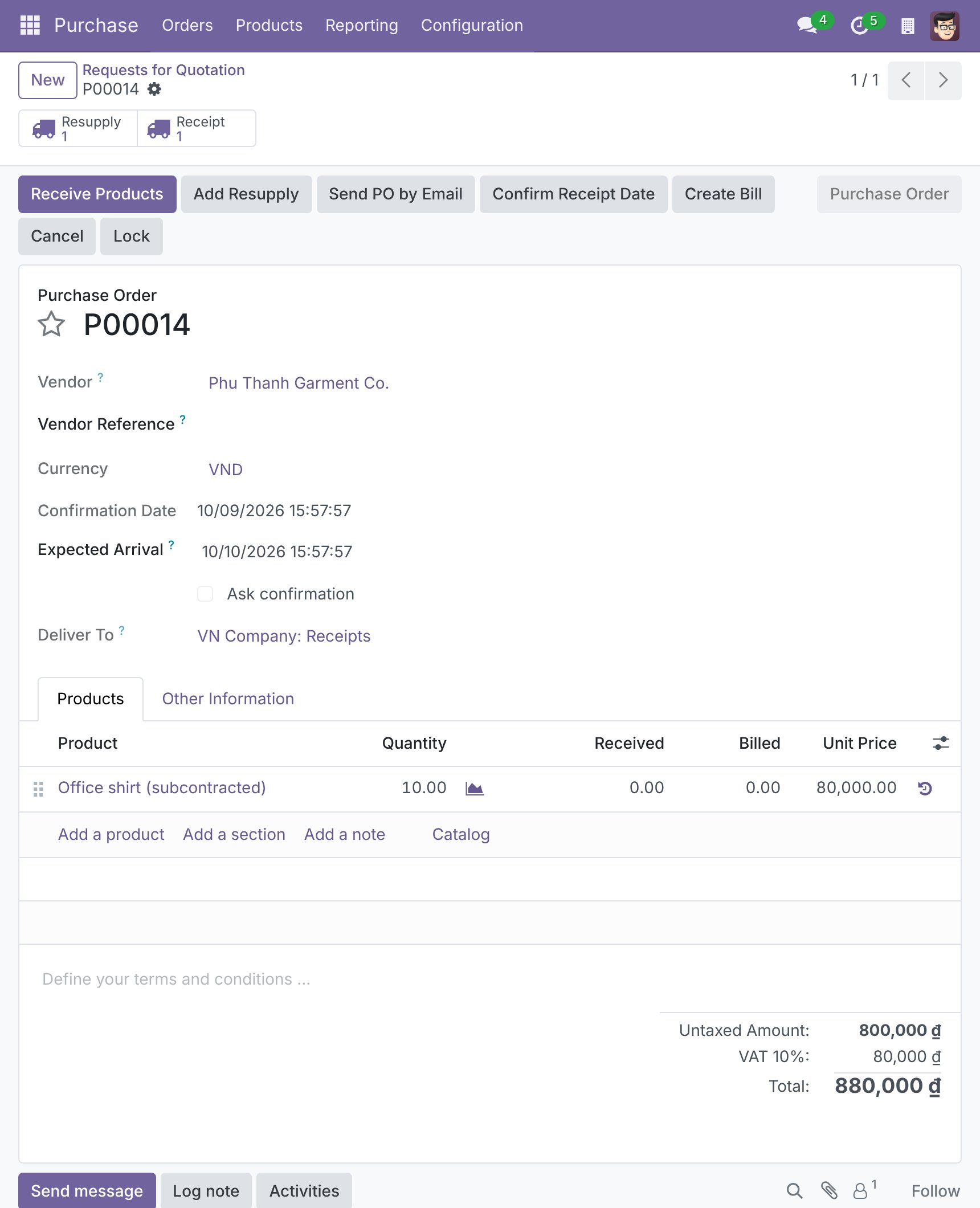 Subcontracting purchase order with the Add Resupply button in the header