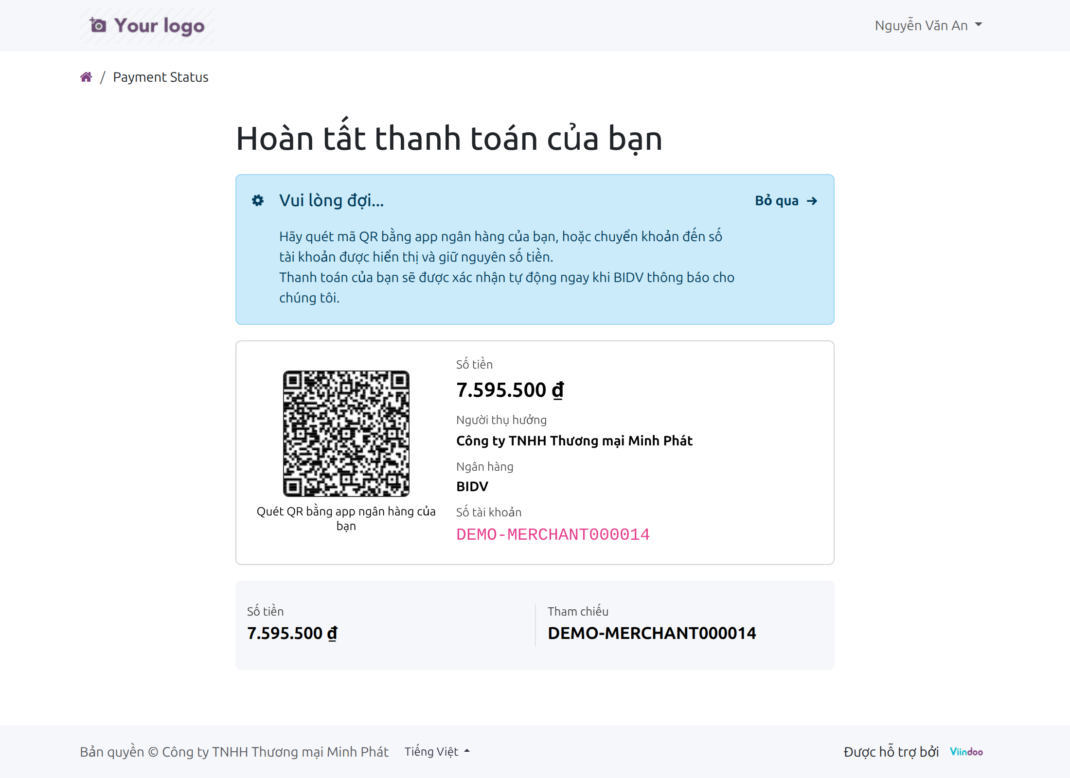 Trang Hoàn tất thanh toán của bạn sau khi chọn BIDV: mã QR, số tiền bằng VND, người thụ hưởng, ngân hàng và số tài khoản thanh toán