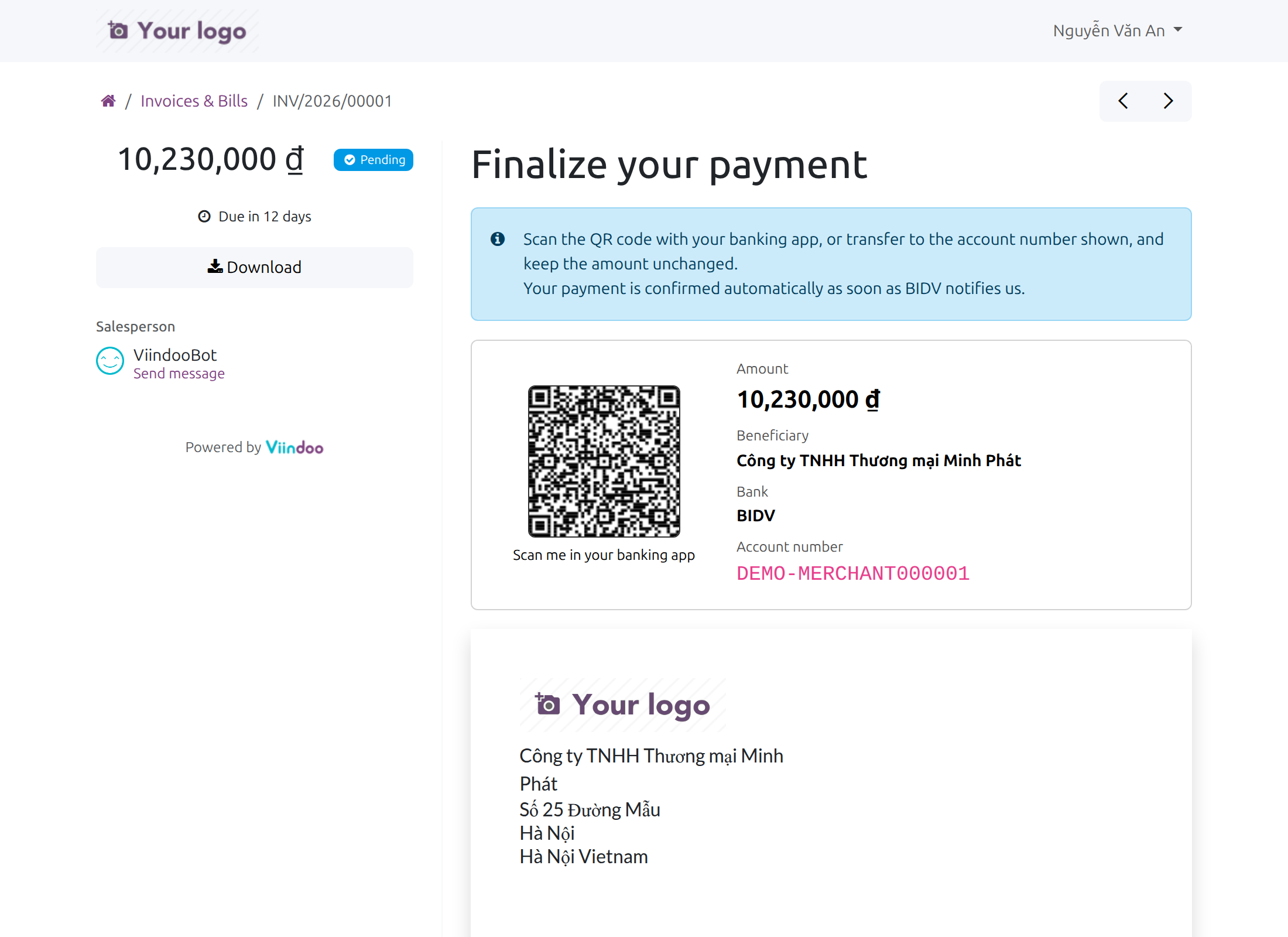 The portal page of a pending invoice, with the Pending status and the Finalize your payment instructions