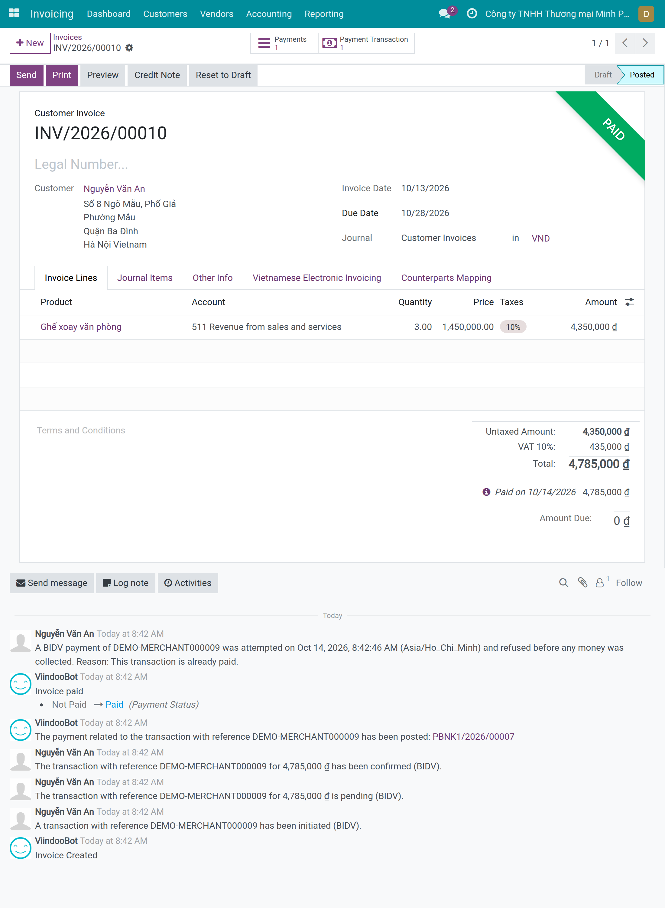 The history of a paid invoice with the note saying a BIDV payment was attempted and refused, reason: this transaction is already paid