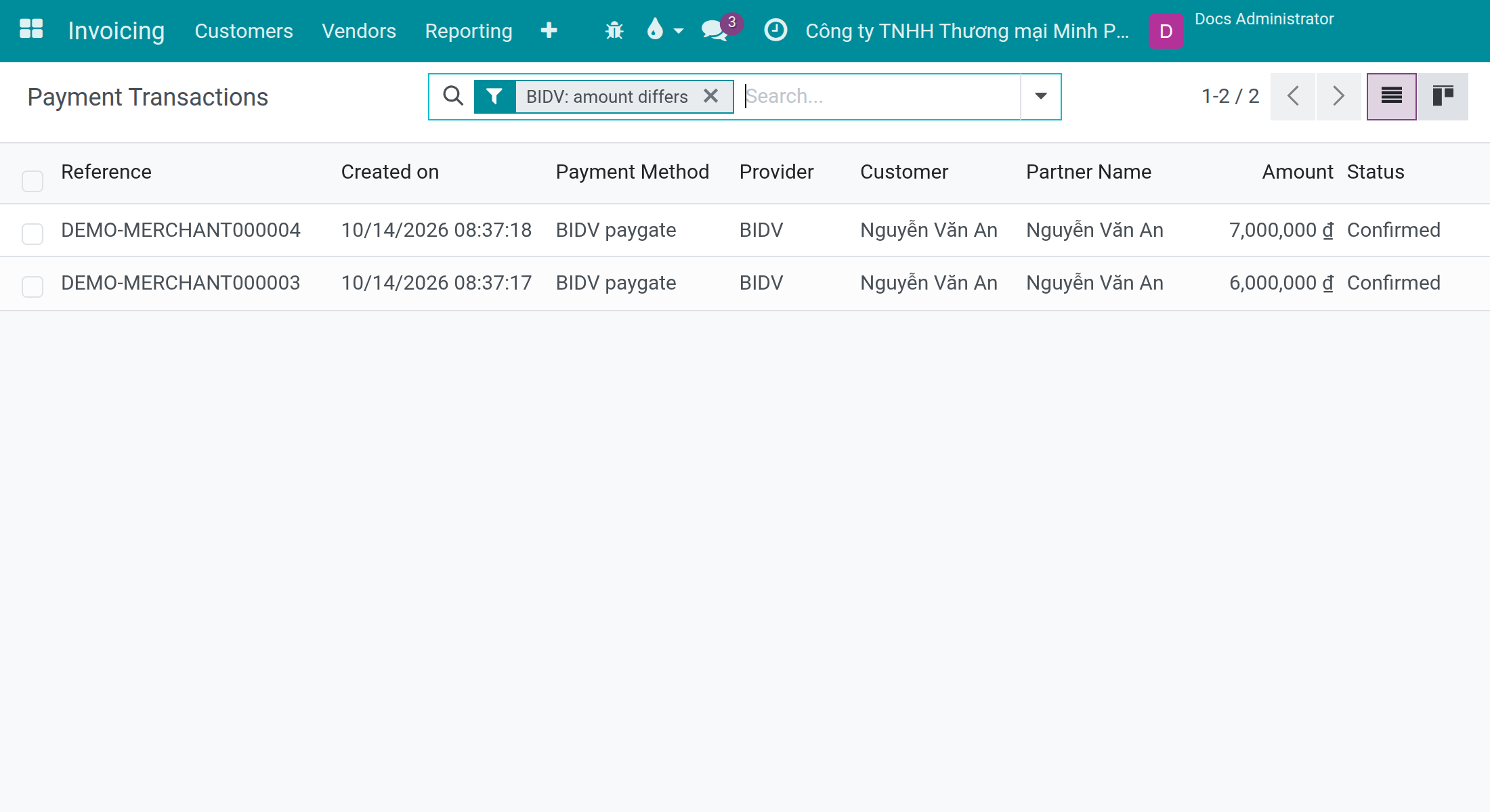 The Payment Transactions list filtered with BIDV: amount differs, showing two confirmed transactions