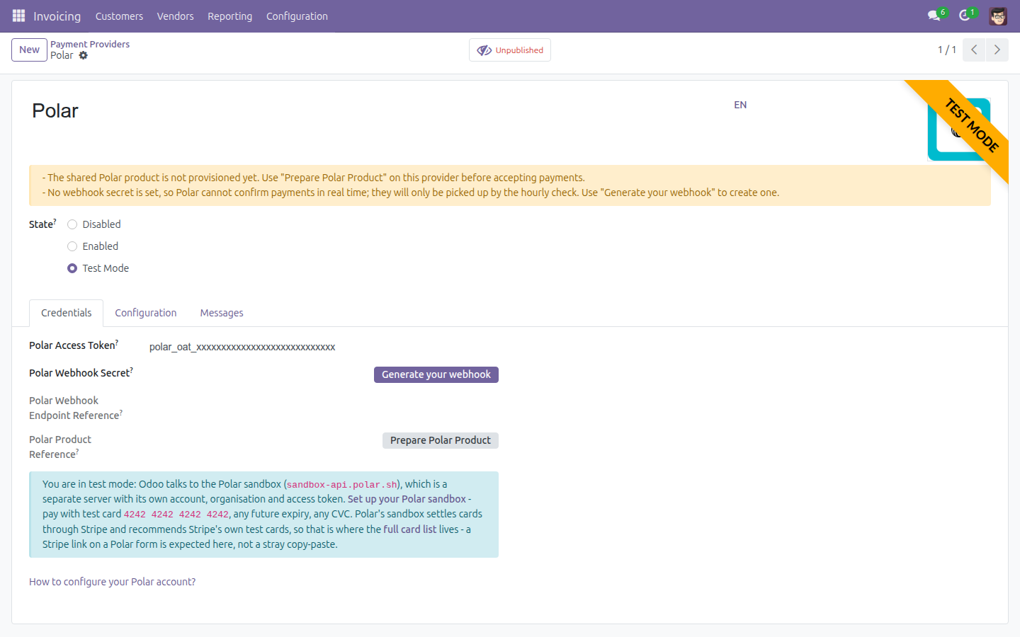 Polar provider credentials configuration