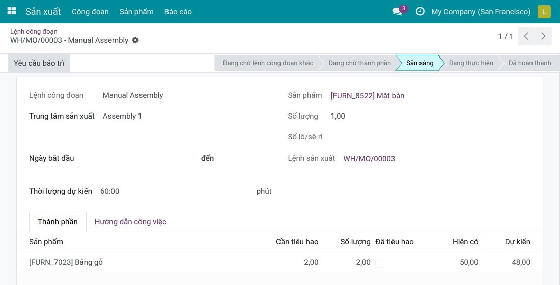 Lệnh công đoạn với nút Yêu cầu bảo trì ở góc trên bên trái