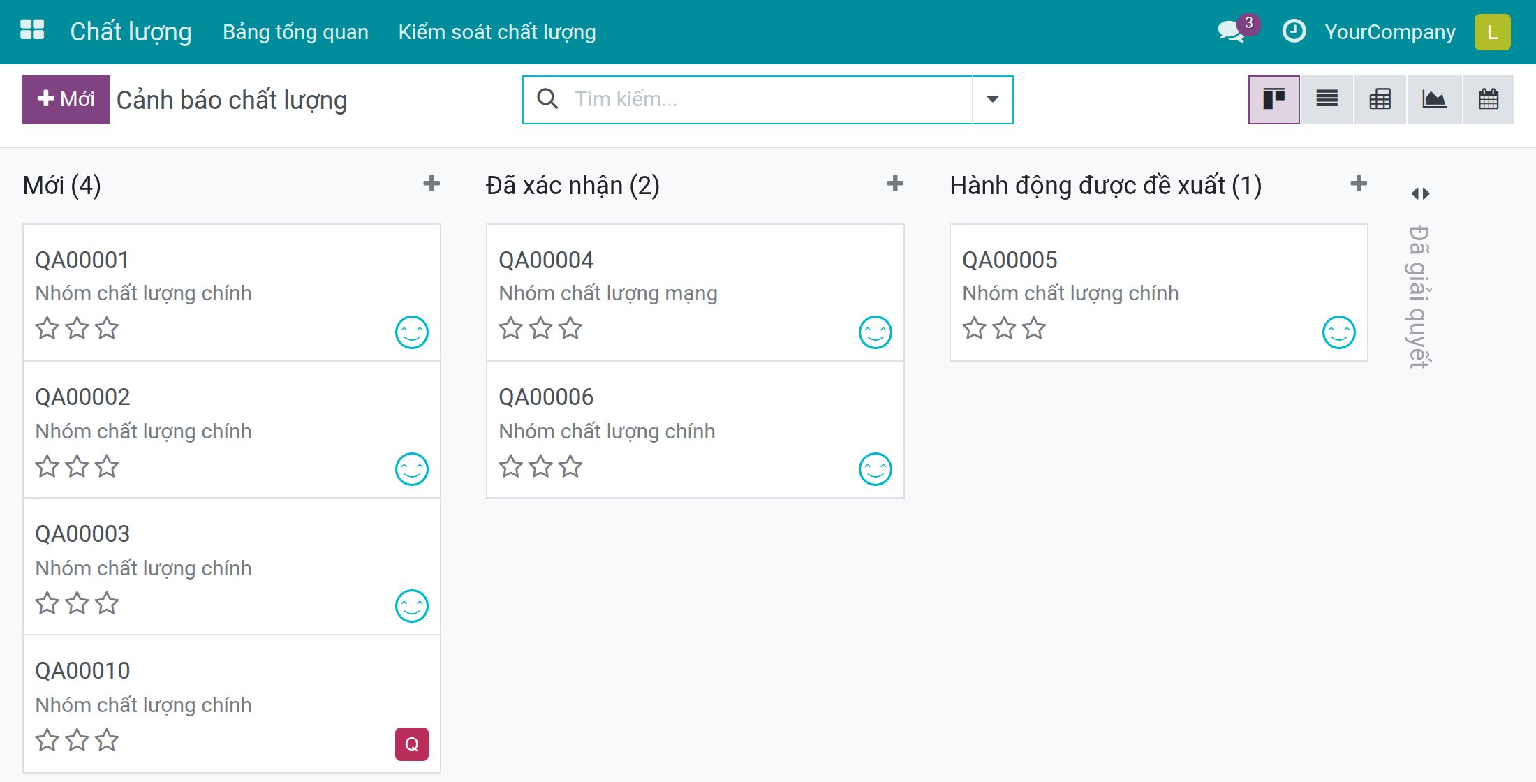 Kanban Cảnh báo chất lượng với các thẻ trải trên các giai đoạn Mới, Đã xác nhận và Hành động được đề xuất