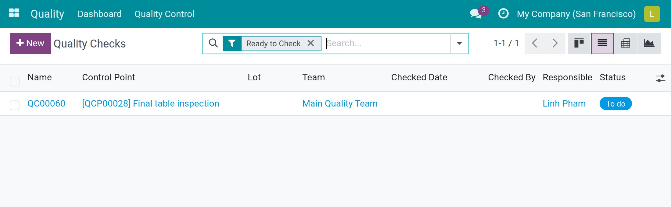The Quality Checks list with the Ready to Check filter active, showing a check still to do for its Responsible