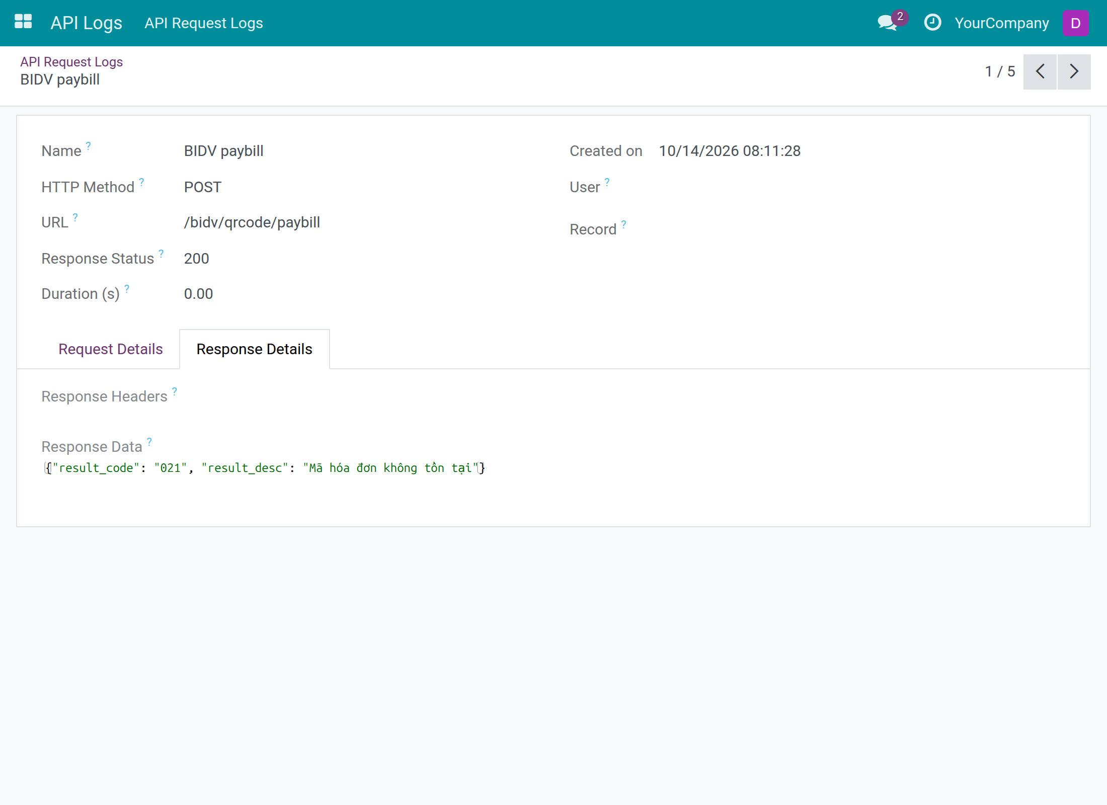 An opened BIDV paybill row, with its answer on the Response Details tab