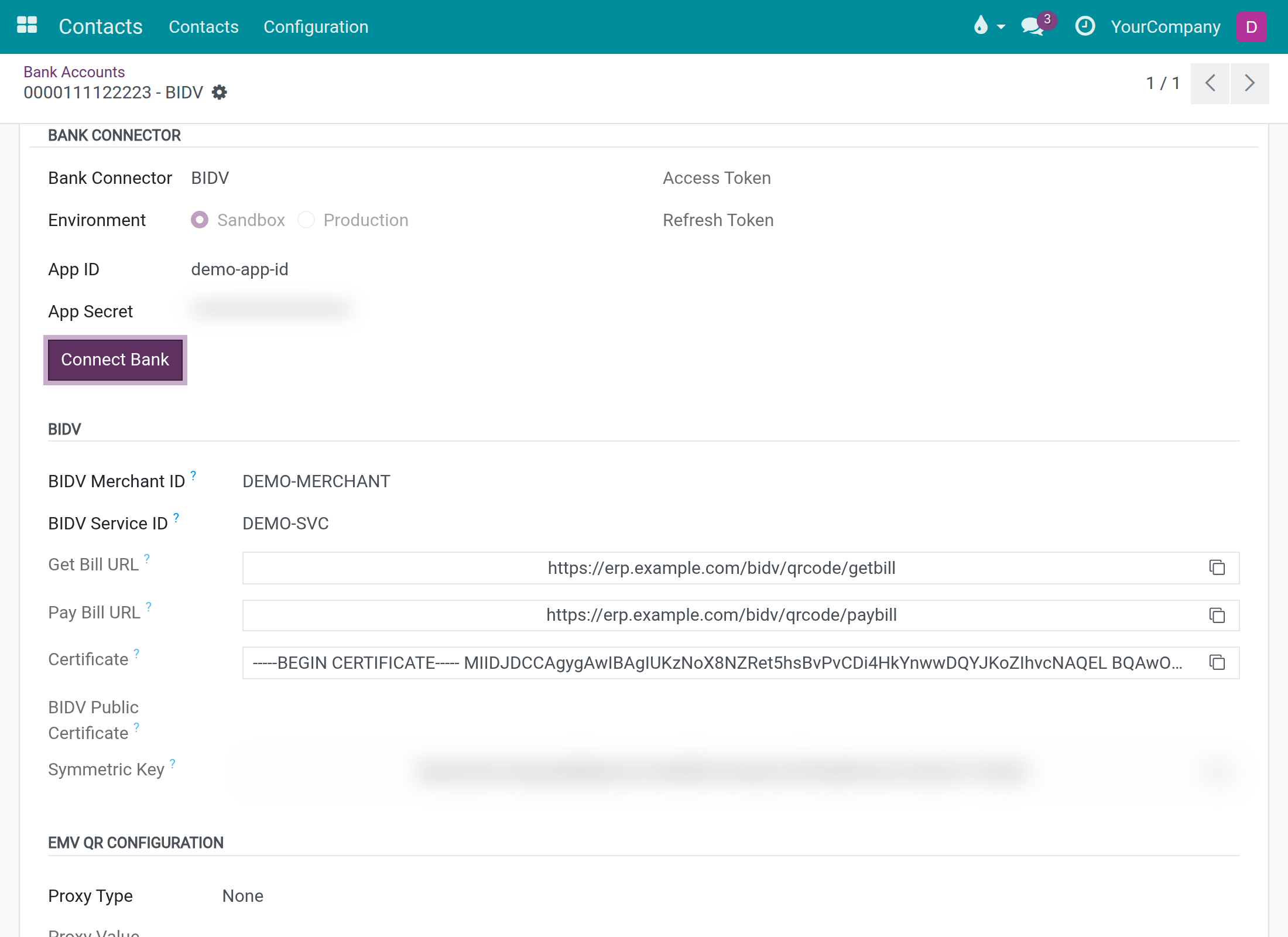 Company bank account with BIDV chosen: Bank Connector section with environment, App ID, a blurred App Secret and the Connect Bank button, then the BIDV section with Merchant ID, Service ID and the two callback addresses