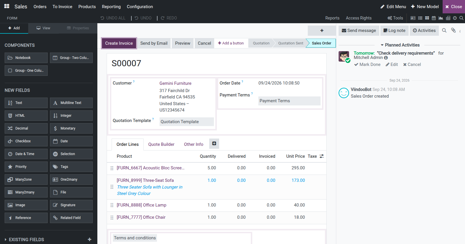 Viindoo Customizer editing a Sales Order form