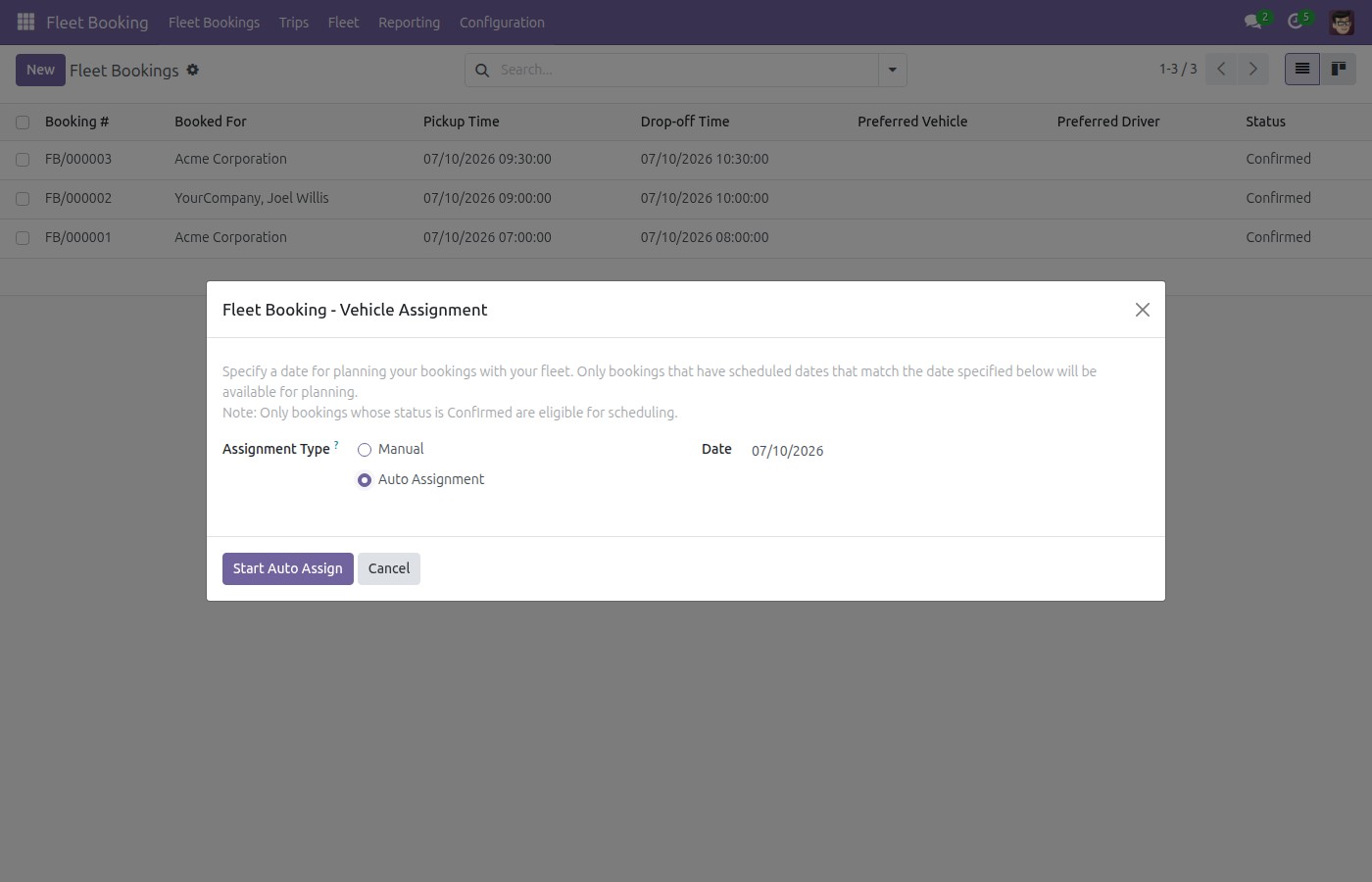 Auto-assignment from the Vehicle/Trip Planning wizard