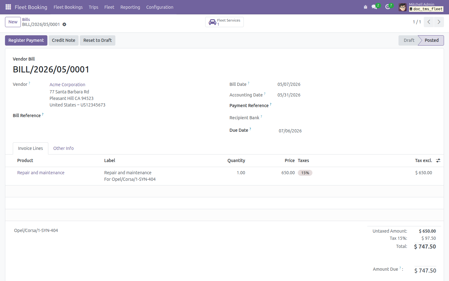 Posted vendor bill for the trip-linked service