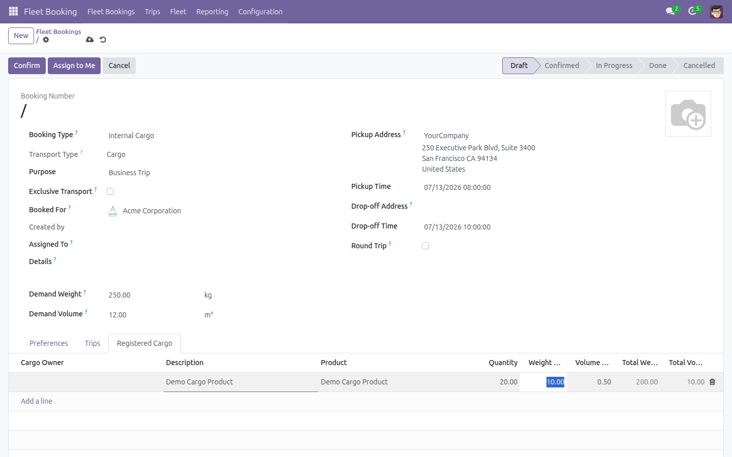 Cargo booking form with Demand Weight, Demand Volume and a registered cargo line
