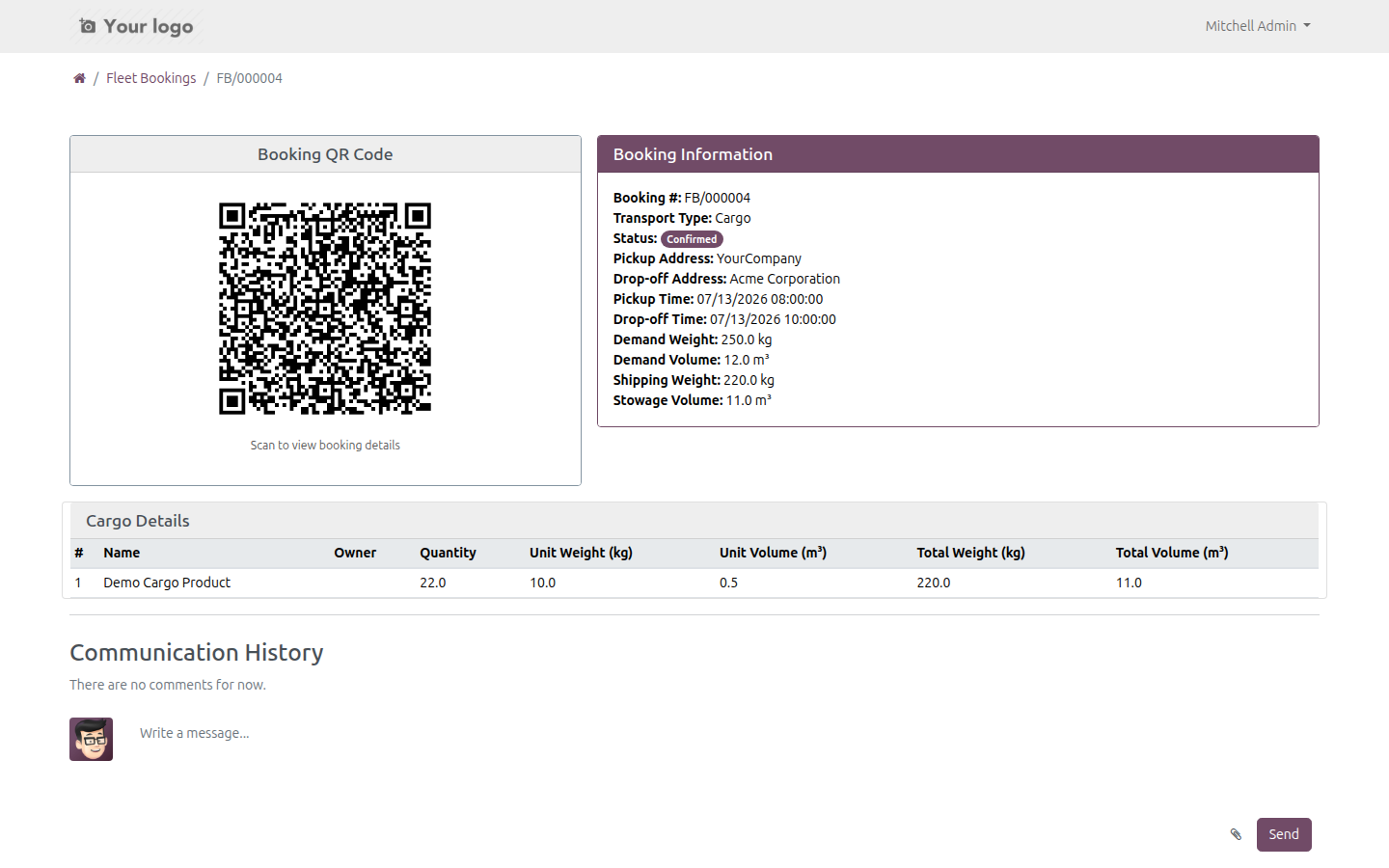 Customer portal booking page with Cargo Details card