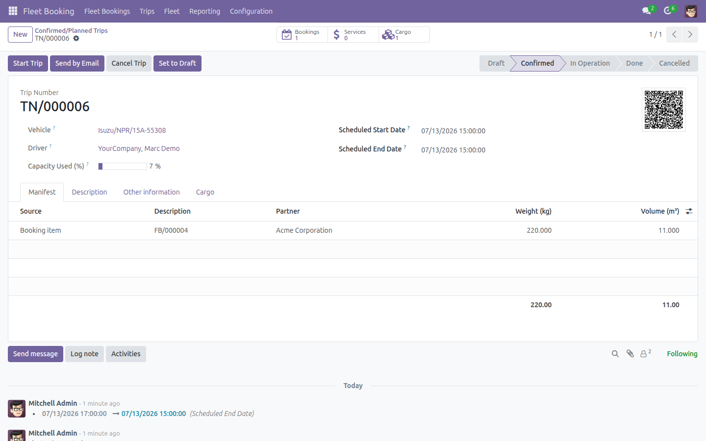 Vehicle trip form with Cargo stat button and Manifest tab