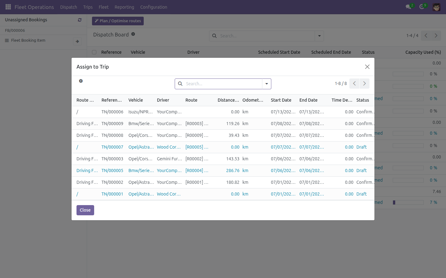 Assigning a booking to a trip through the themed trip picker