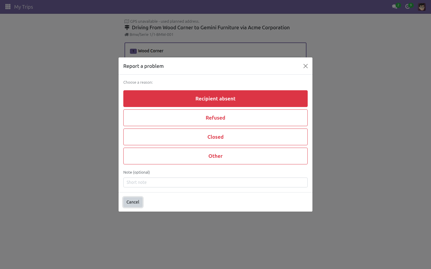 Driver exception dialog with four reason buttons