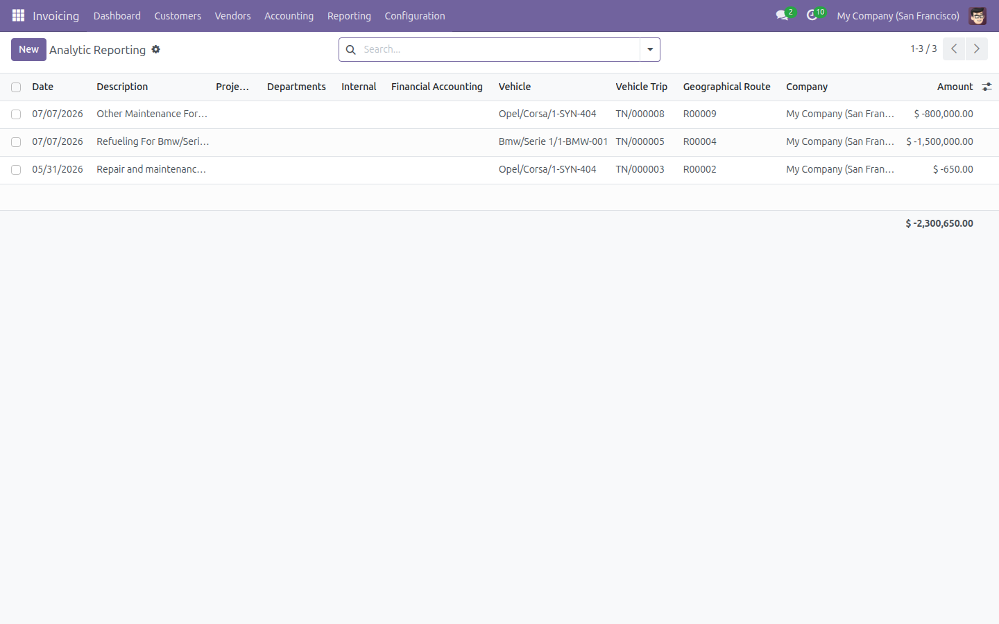 Analytic Items report showing Vehicle, Trip and Route columns per cost line