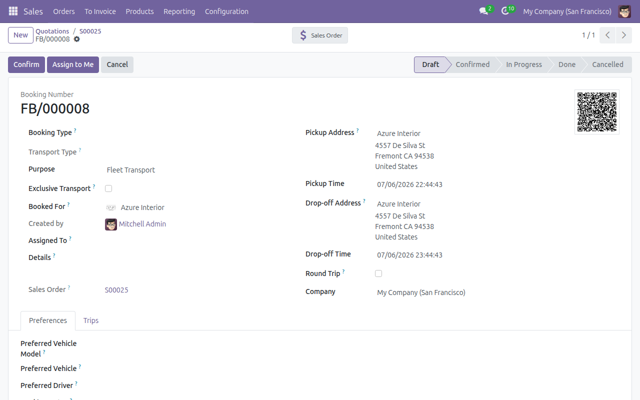Auto-generated fleet booking in Draft, linked to its sales order