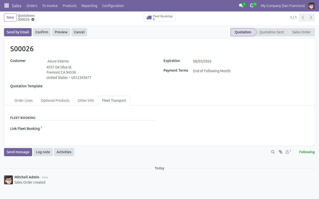 Link Fleet Booking selector on a draft quotation