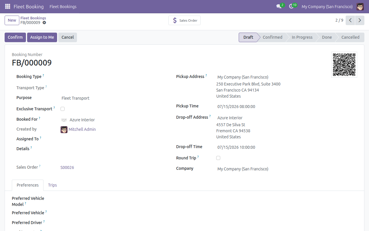 Sales Order field and smart button on the Fleet Booking form
