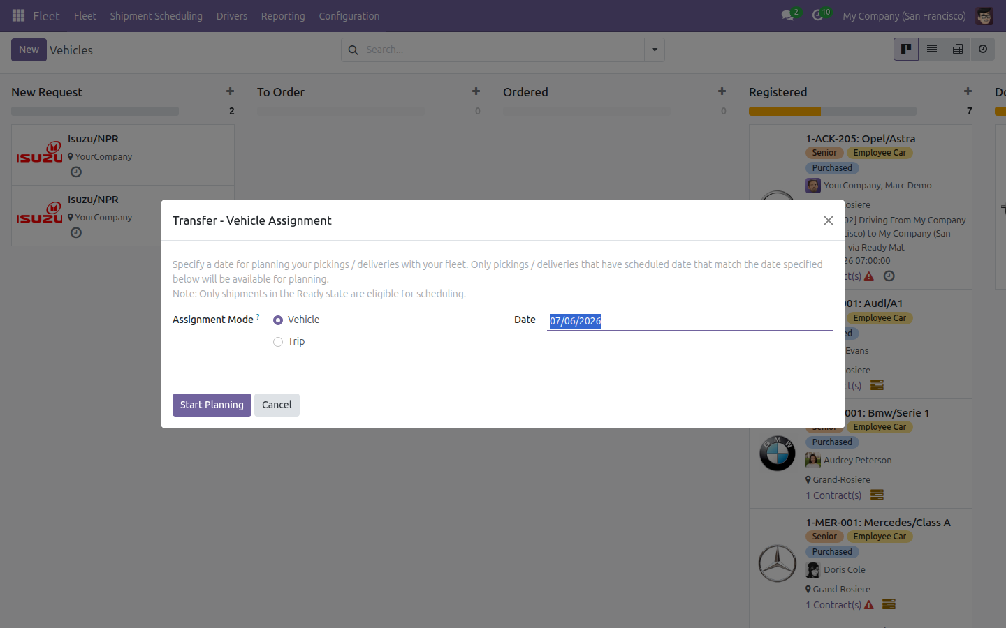 Shipment Scheduling board with the Transfer - Vehicle Assignment dialog