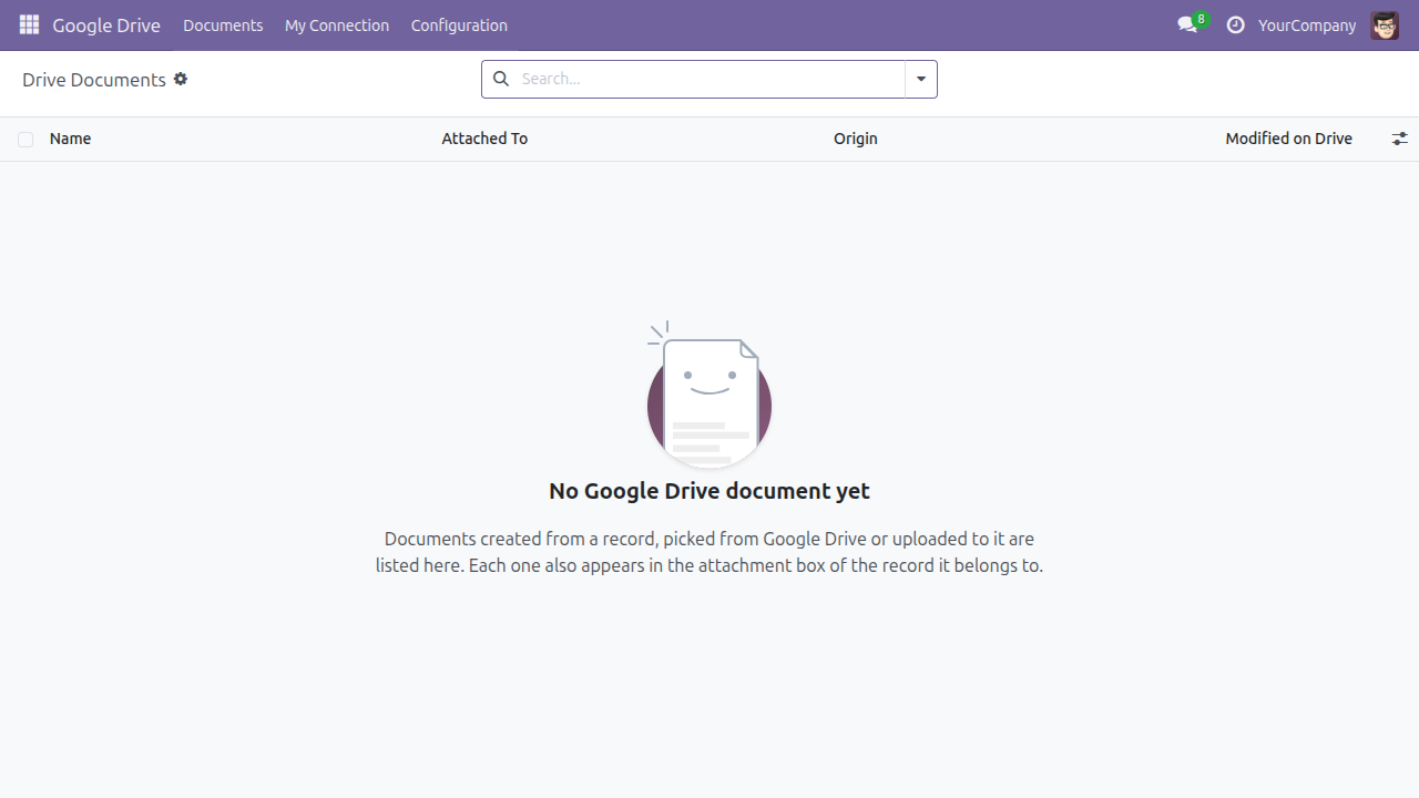 Danh sách Drive Documents trên bản cài mới, đang rỗng, kèm hướng dẫn cho biết tài liệu được tạo, được chọn hoặc được tải lên sẽ liệt kê ở đây