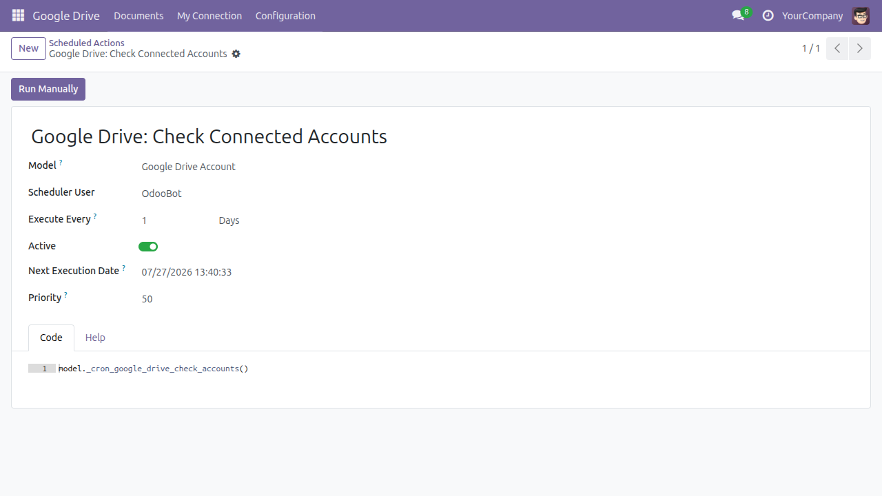 Tác vụ theo lịch Google Drive Check Connected Accounts, đang bật và chạy mỗi ngày một lần