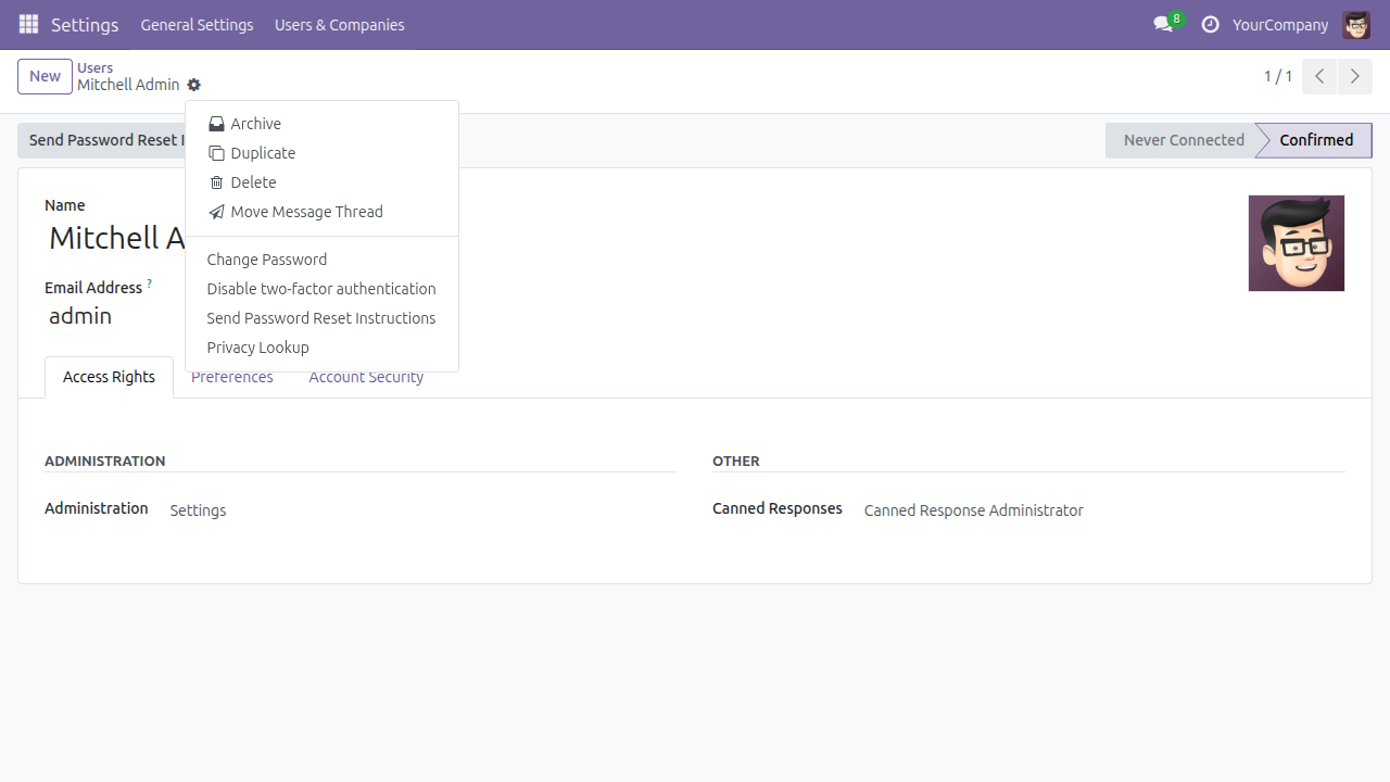 Menu Actions trên loại bản ghi không lưu tài liệu trong Google Drive, không có mục Google Drive nào