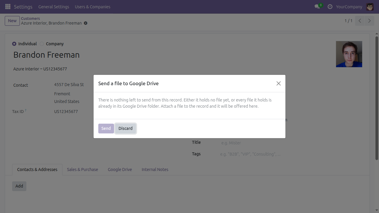 Hộp thoại Send a file to Google Drive ở trạng thái trống, giải thích rằng bản ghi chưa có tệp nào hoặc mọi tệp đã nằm trong thư mục Drive của nó