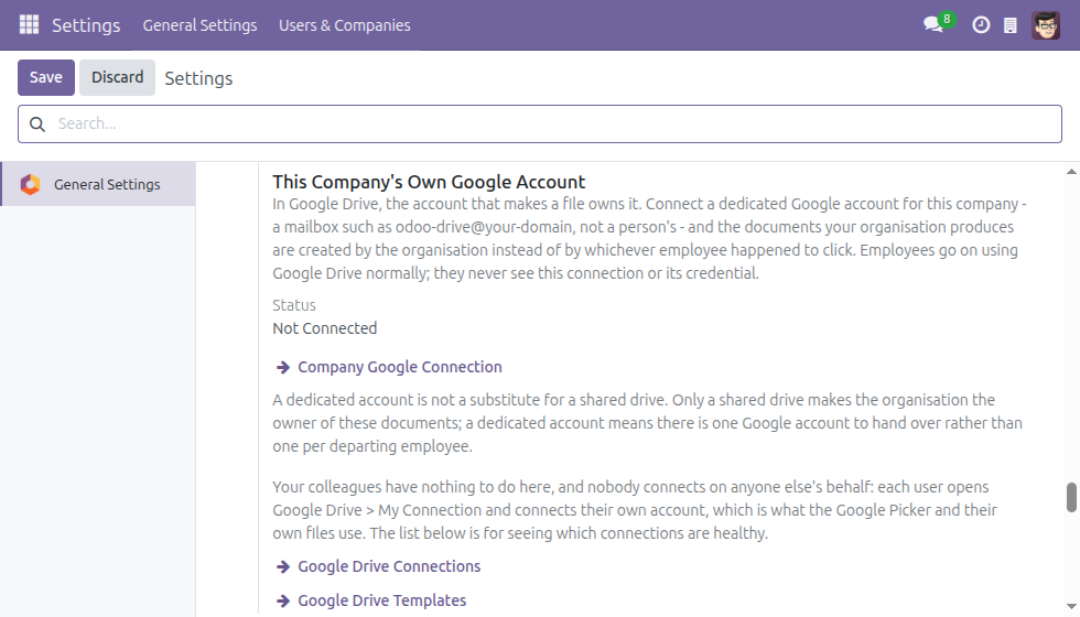Mục tài khoản công ty trong thiết lập sau khi đã có kết nối, hiển thị dòng Status và liên kết Company Google Connection