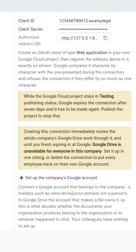 Khối thiết lập Google Drive với Client ID, Client Secret bị che, Authorized redirect URI kèm nút sao chép, cảnh báo màu hổ phách về trạng thái xuất bản Testing, cảnh báo màu hổ phách rằng việc tạo kết nối công ty làm Google Drive không dùng được cho mọi người tới khi hoàn tất, và nút Set up the company's Google account