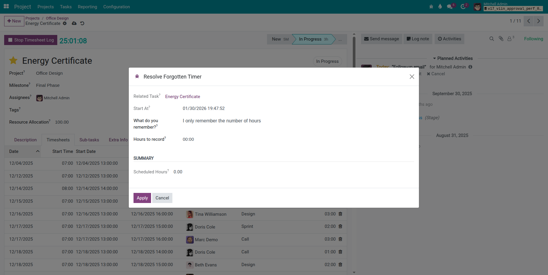 Resolve forgotten timer (hours only)
