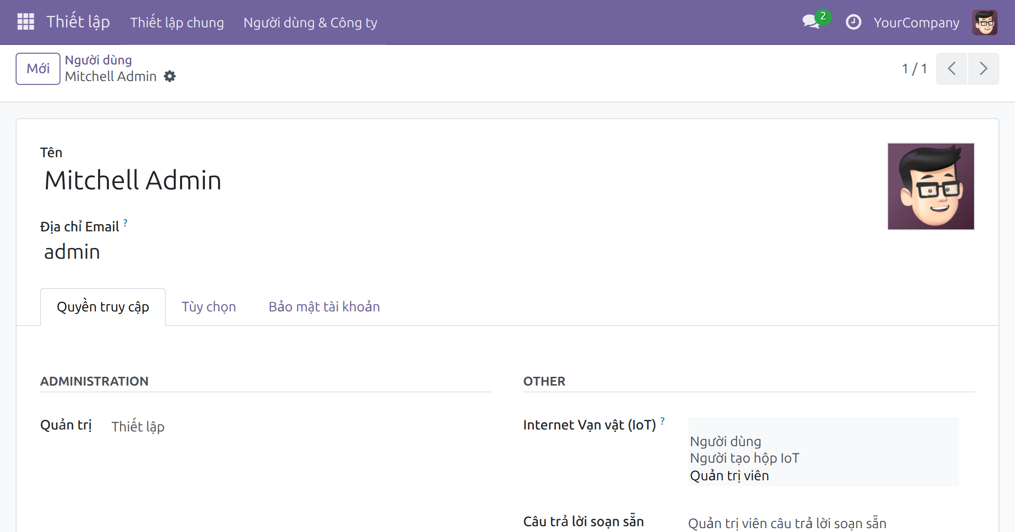 Thẻ Quyền truy cập của người dùng với ba mức Internet Vạn vật (IoT) Người dùng, Người tạo hộp IoT và Quản trị viên