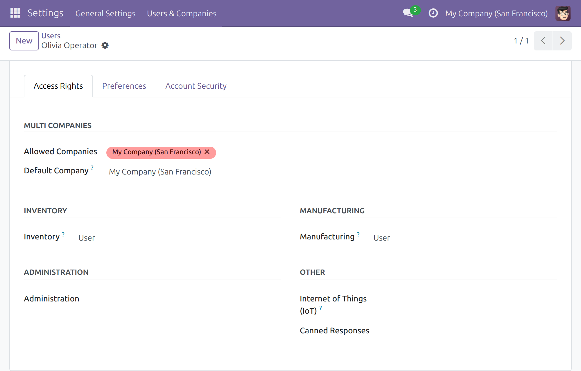 The Access Rights page of an operator: Manufacturing set to User, Internet of Things (IoT) left empty.