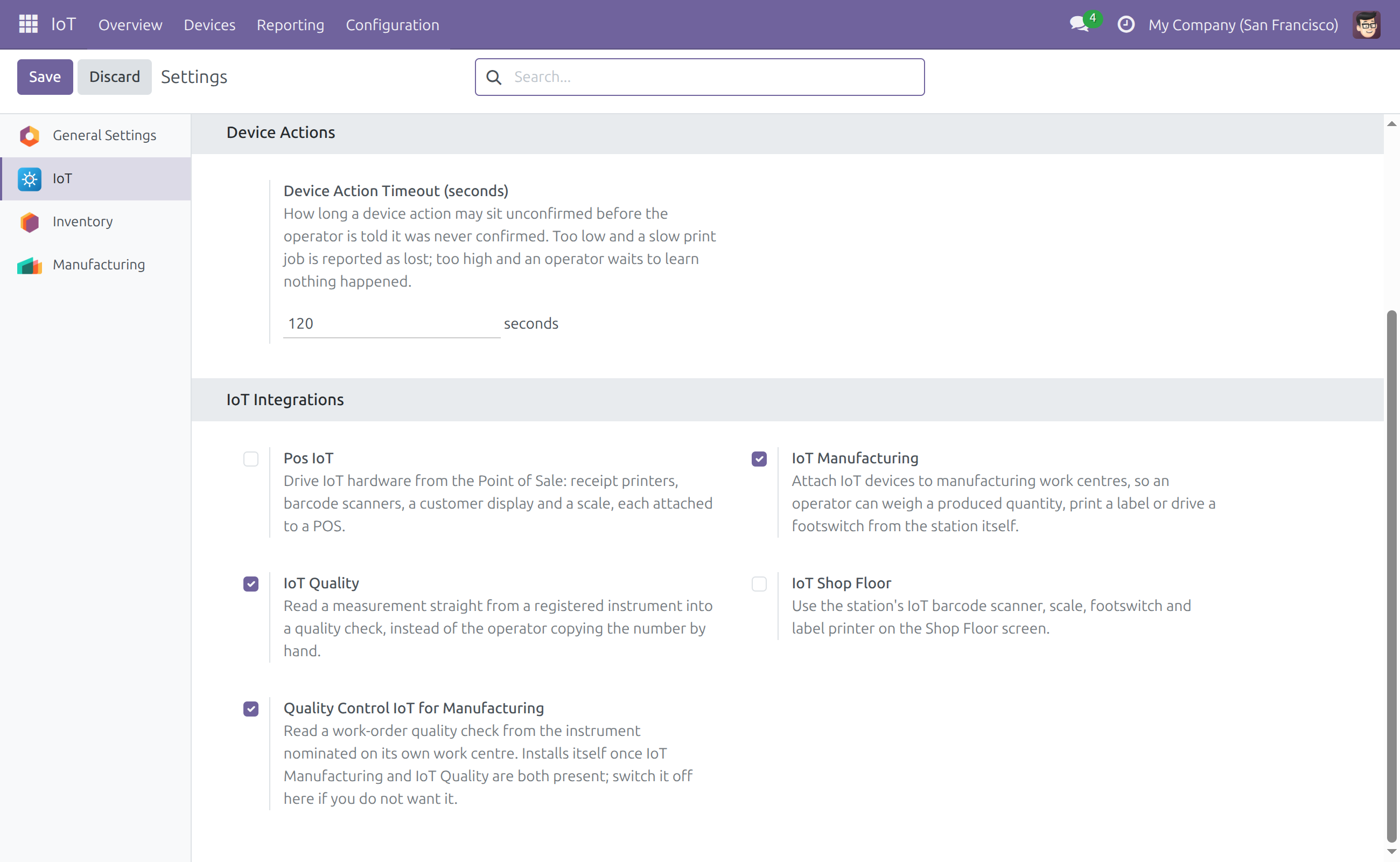 Settings, IoT Integrations, with the bridge toggle