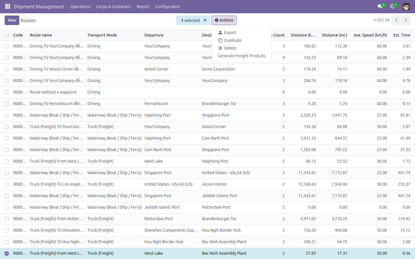 Menu Actions hiển thị Generate Freight Products