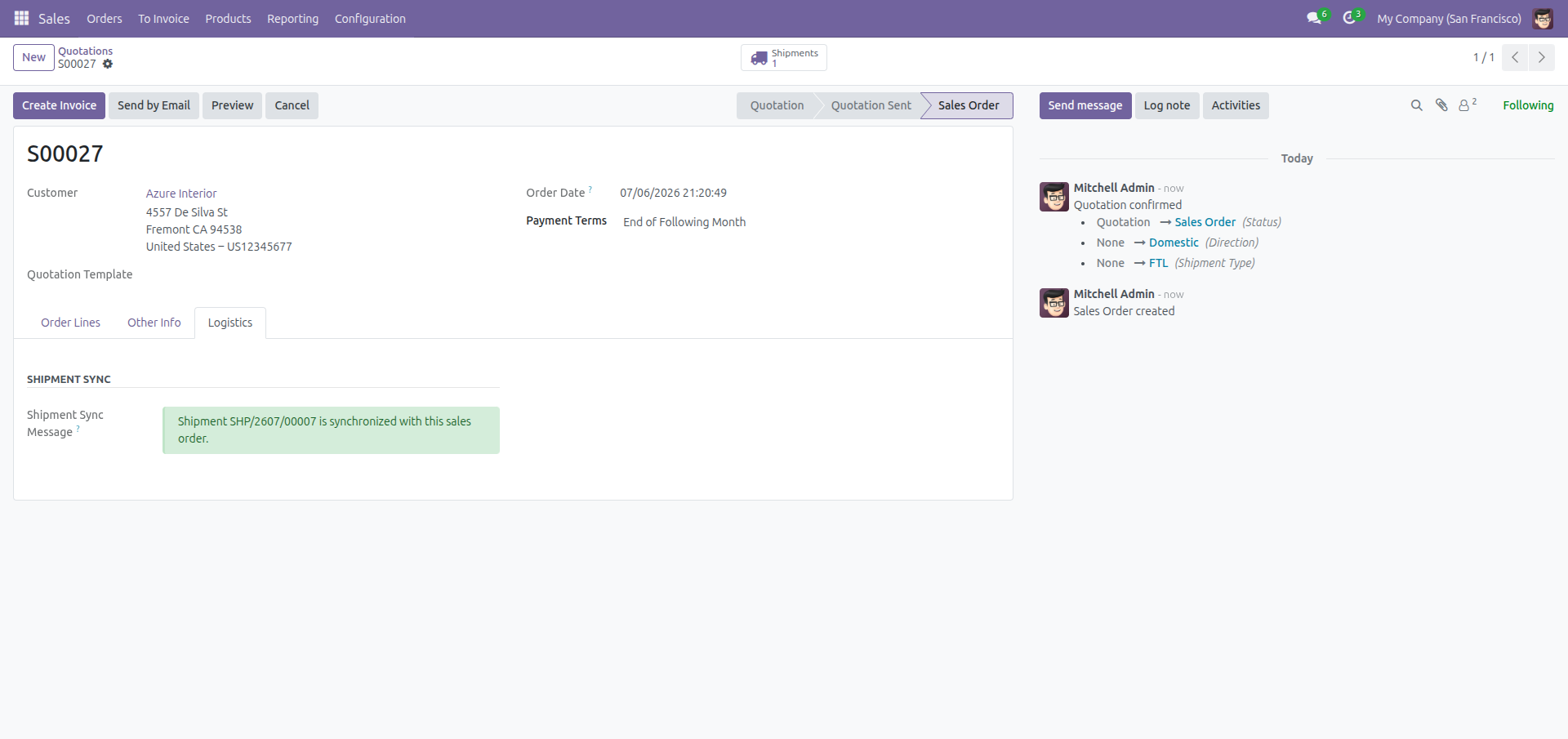 Logistics tab on a sales order showing the auto-filled shipment and sync banner