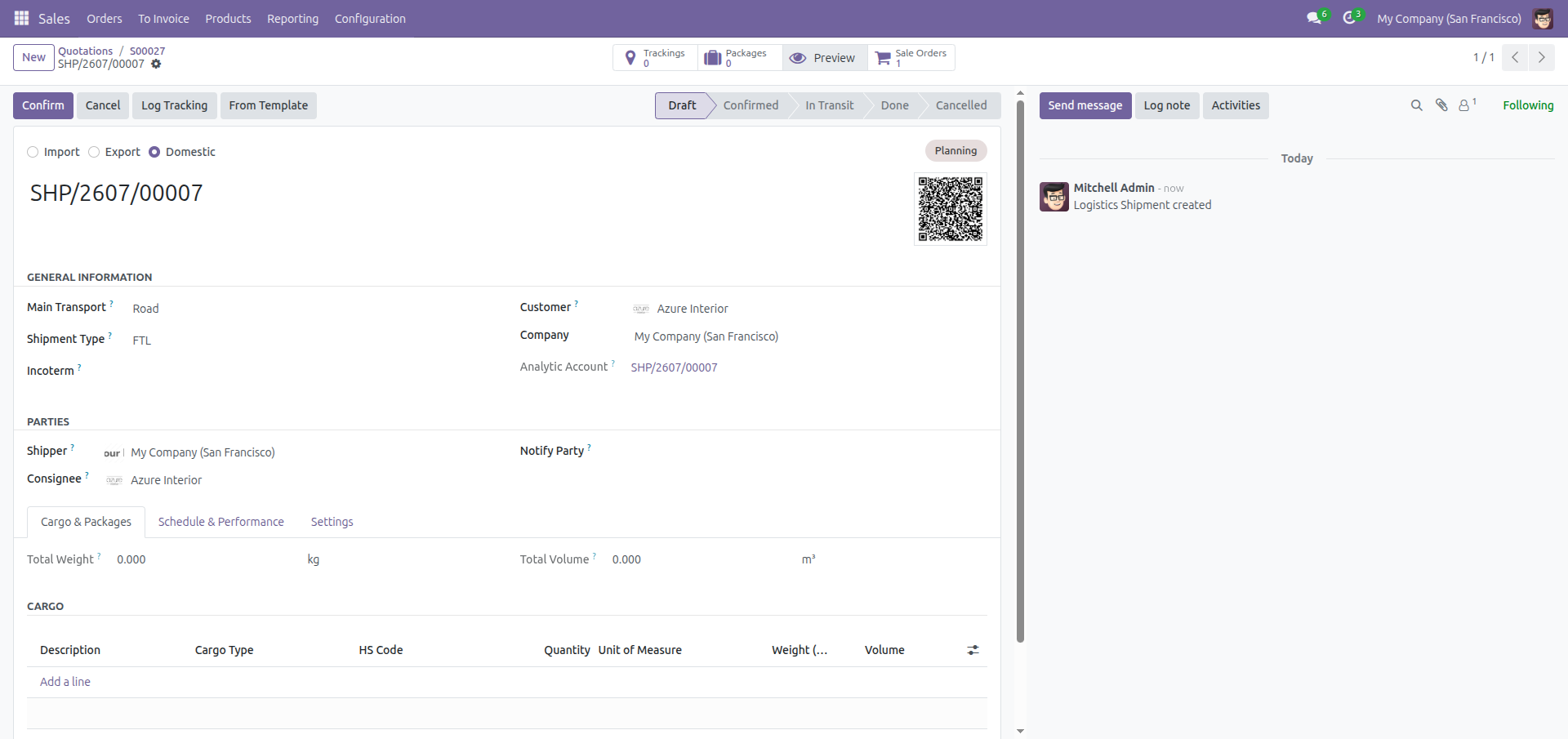 Sale Orders smart button on a logistics shipment form