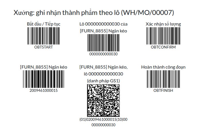 Một phần phiếu mã vạch demo: mã bắt đầu, số lô, mã vạch sản phẩm, nhãn GS1 và mã hoàn thành công đoạn của lệnh Ngăn kéo